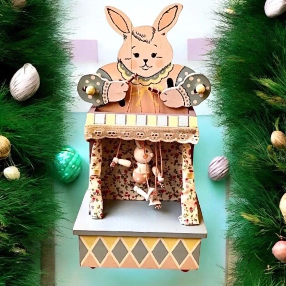 EASTER Enesco Vintage '86 Wood Music Box Bunny Rabbit PUPPET ON A STRING Moves